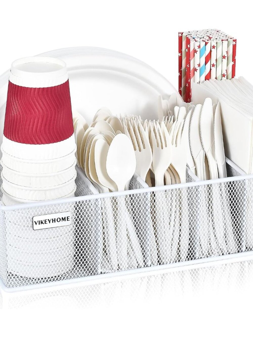 Paper Plate Organizer, Metal Silverware Caddy, White